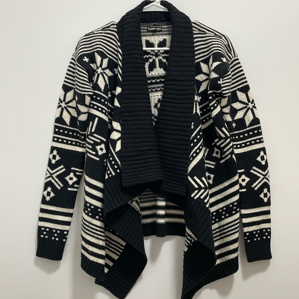 Express Black & White Snowflake Waterfall Cardigan Merino Wool Blend Size S